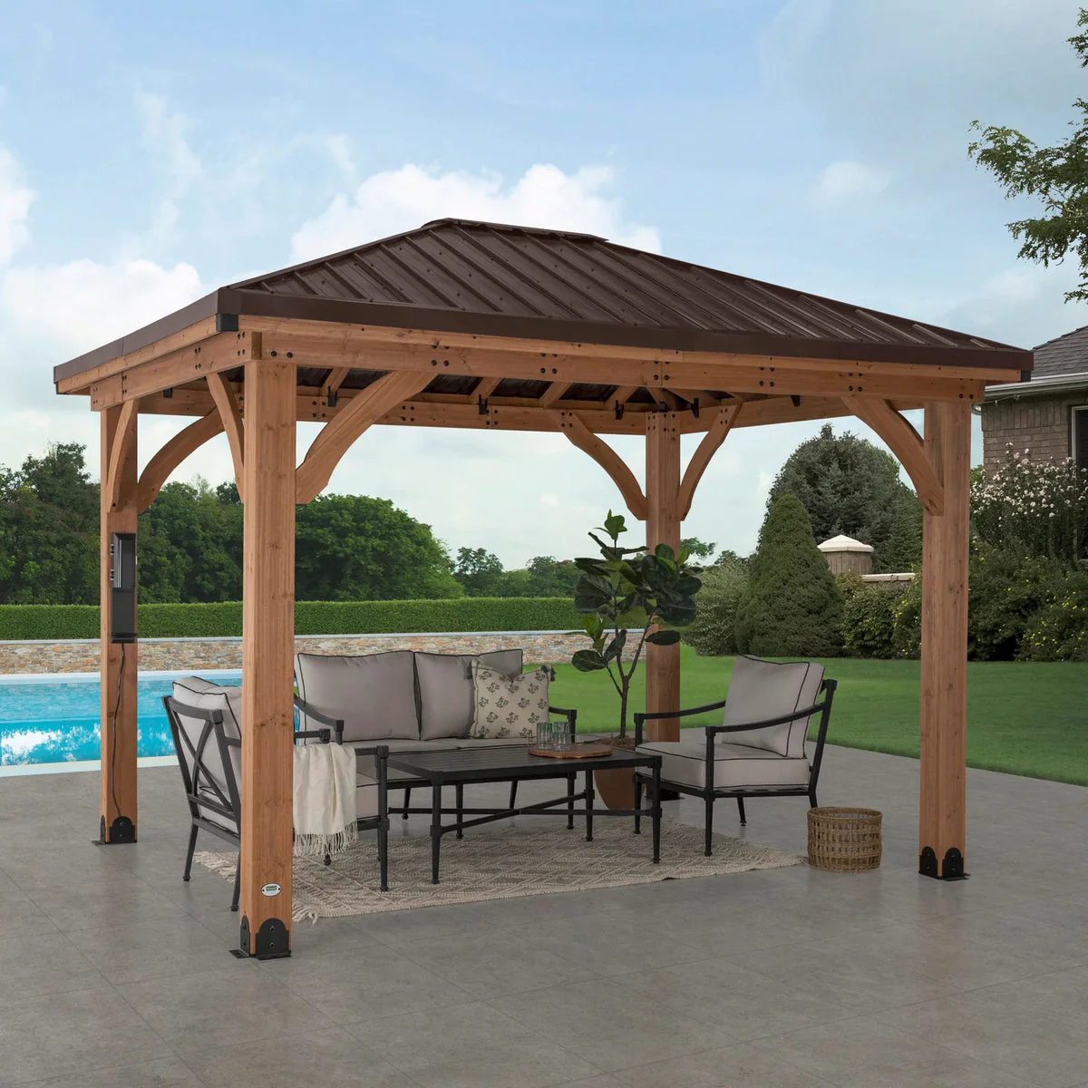 TieDex Garden Structures Barrington Gazebo 3.7 × 3.0 m – Cedar Wood Frame with Heavy-Duty Galvanised Steel Hip Roof