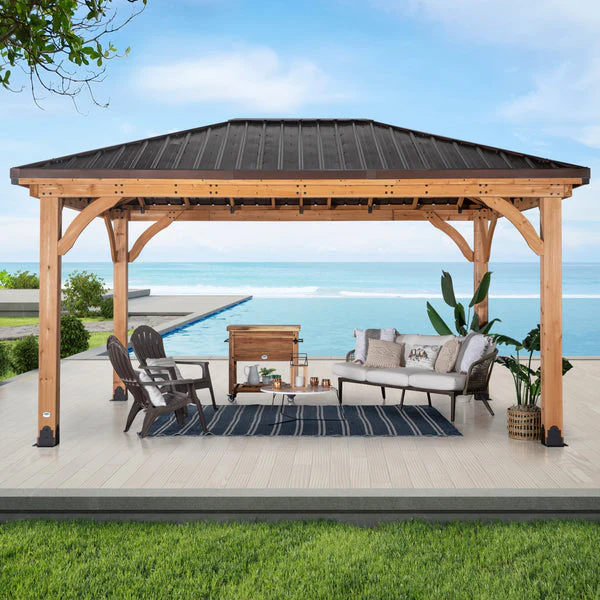 Sideyard Brrington Gazebo 4.9m x 3.7m, Cedar Wood Frame with Heavy-Duty Steel Hip Roof, Pro-Tect™ Tested, Pre-Stained, Easy Assembly, 5-Year Warranty