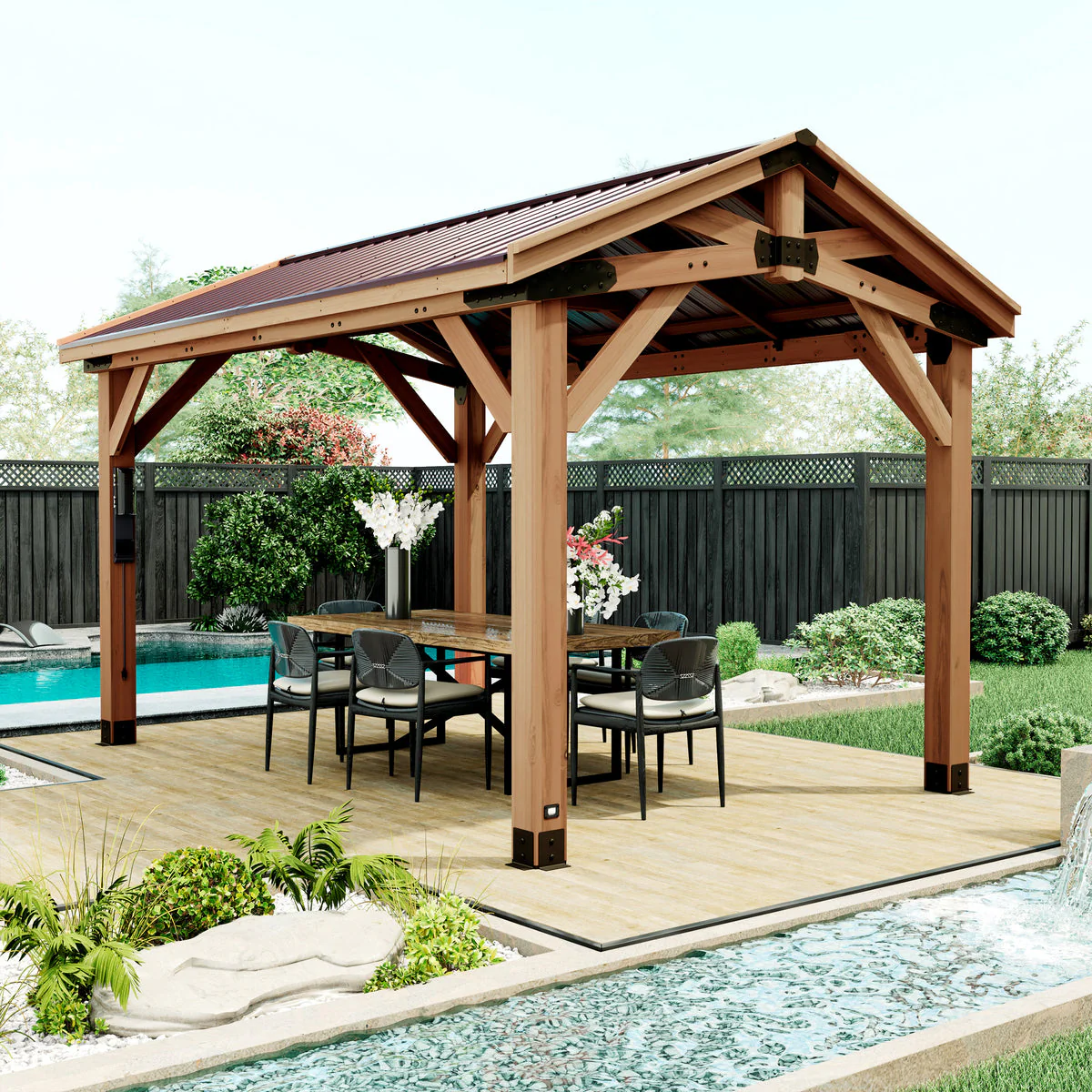 TieDex Garden Structures Norwood Gazebo 4.3 × 3.0 m | Cedar Wood Frame with Galvanised Steel Peak Roof