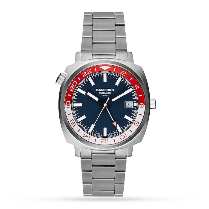 Bamford Automatic Men’s Watch with Blue Material Dial, Stainless Steel Case & Bracelet, 100m Water Resistant / GMT-SS-NY-RD/WHI