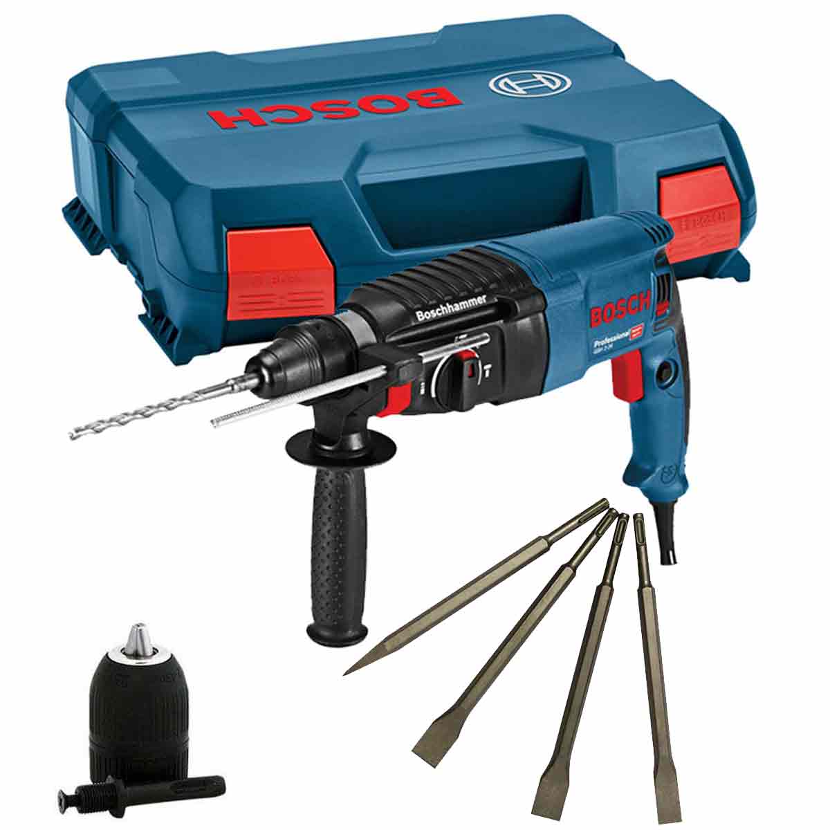 Bosch GBH 2-26 SDS Plus Hammer Drill 240V & 4 Piece Chisel Set + Keyless Chuck