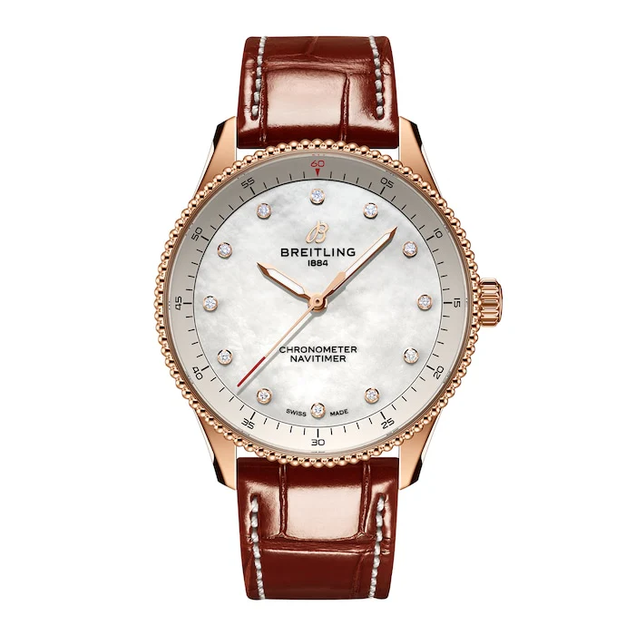 Breitling Navitimer 32mm Ladies Watch White Mother Of Pearl Alligator 18k Red Gold Luxury Watch R77320E61A1P1