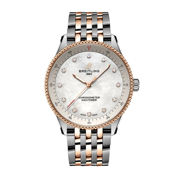 Breitling Navitimer 32mm Ladies Watch White Mother Of Pearl Stainless Steel and 18k Red Gold U77320E61A1U1