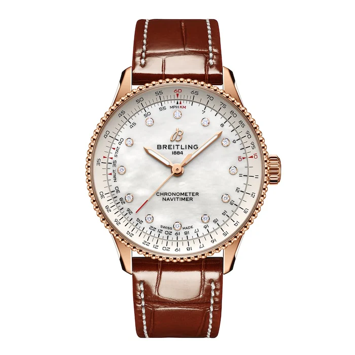 Breitling Navitimer 36mm Ladies Watch White Mother Of Pearl Alligator 18k Red Gold Luxury Watch R17327211A1P1