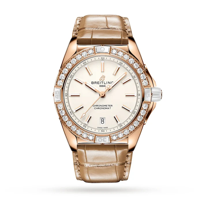 Breitling Super Chronomat Automatic 38 Origins White 18ct Rose Gold Brown Leather Strap Watch R17356531G1P1