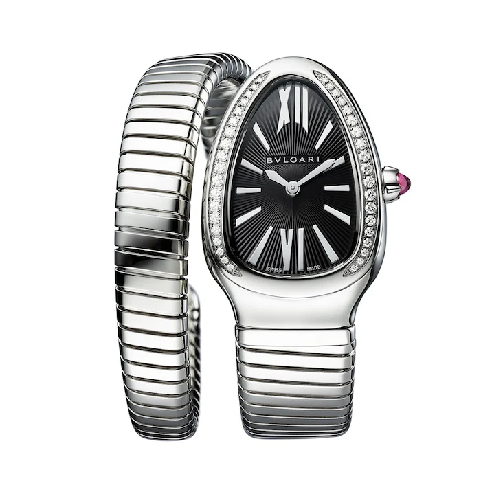 Bvlgari Serpenti Tubogas 35mm Black Dial Diamond Ladies Watch - Stainless Steel Small Bracelet 103524