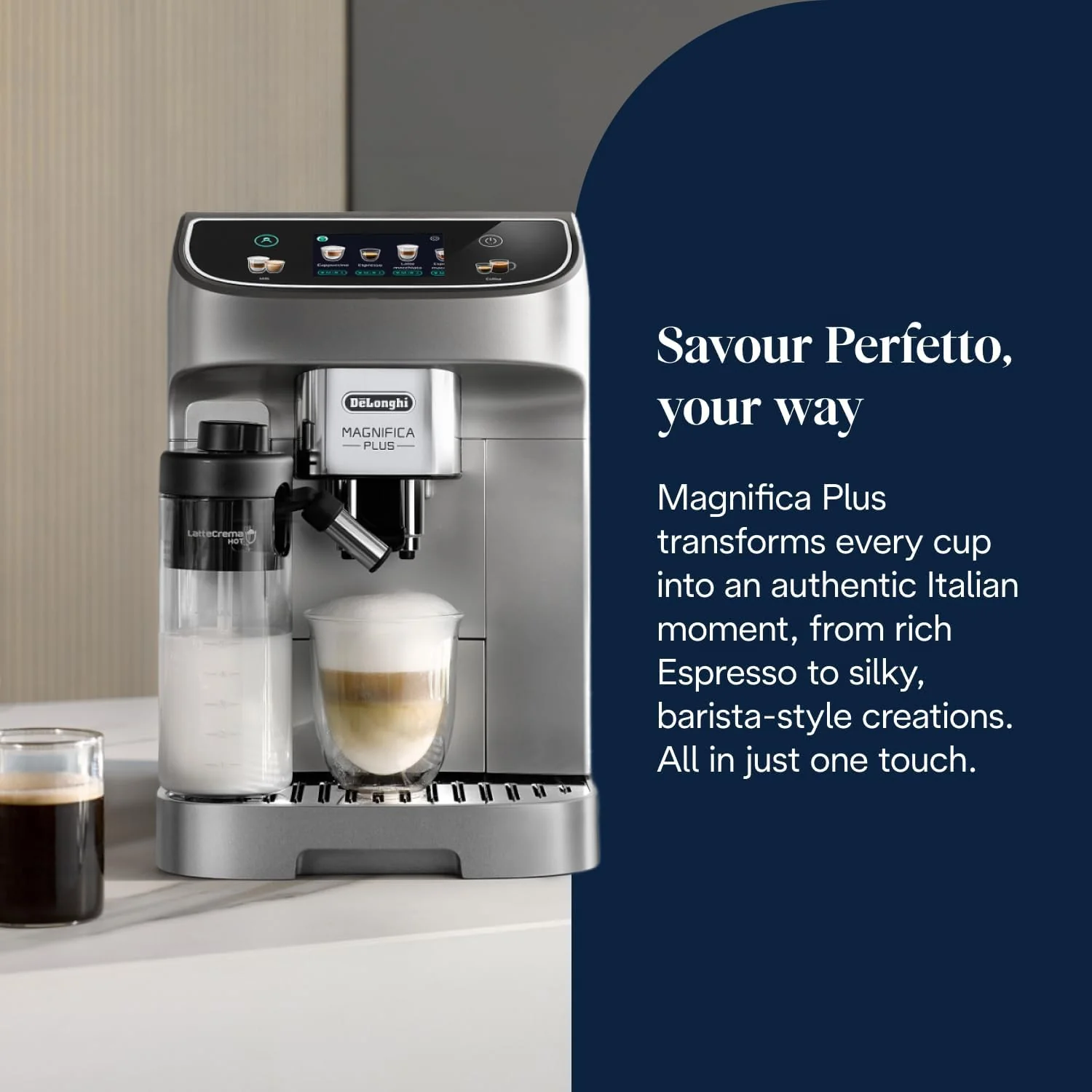 De'Longhi ECAM322.70.SB Magnifica Plus Automatic Coffee Machine with LatteCrema Hot, Bean to Cup Espresso Machine with 18 One-Touch Recipes, Full-Touch Control Panel, 1450W, Silver/Black - Image 2