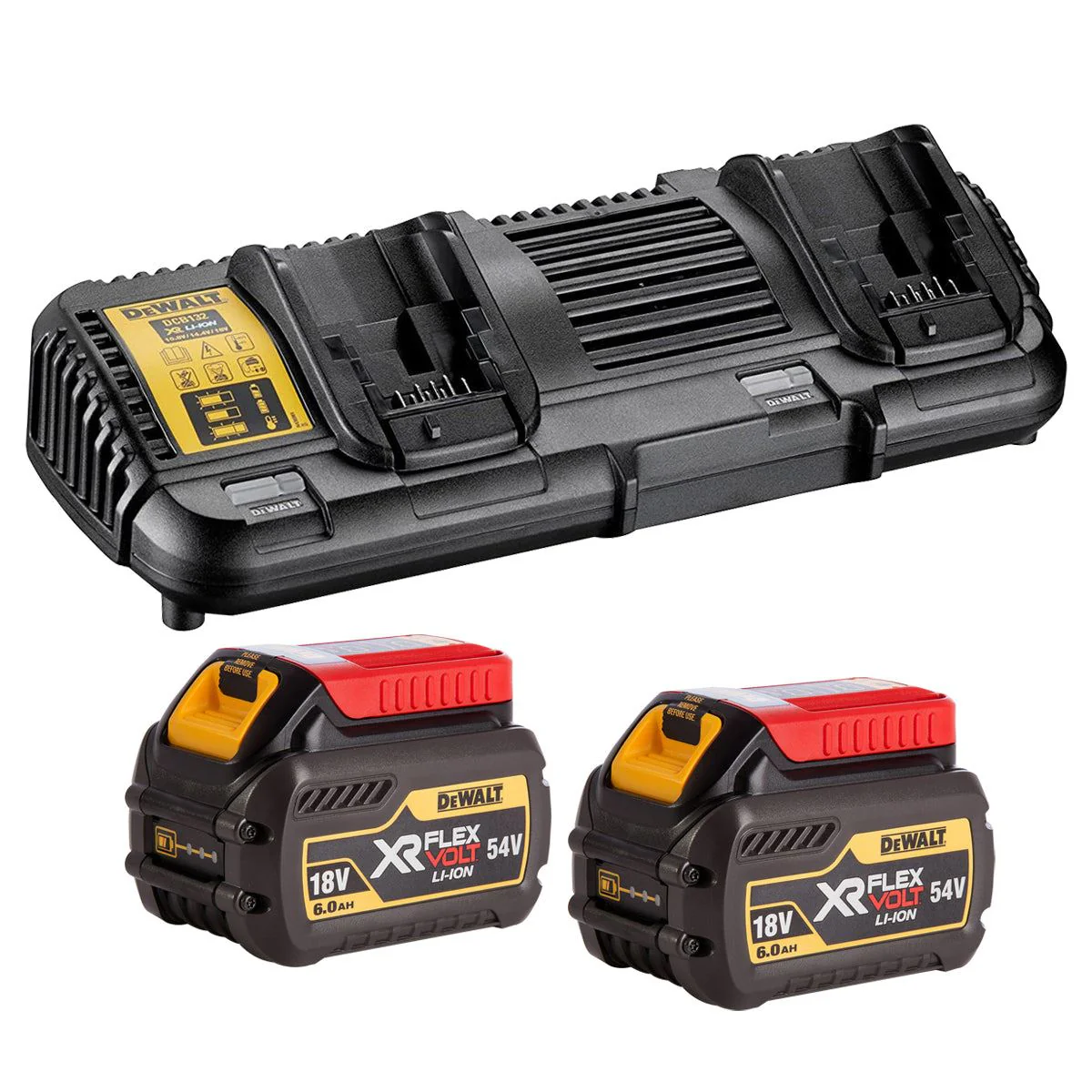 DeWalt DCB132 10.8-54V FlexVolt XR Dual Port Charger with DCB546 6.0Ah Twin Pack Batteries