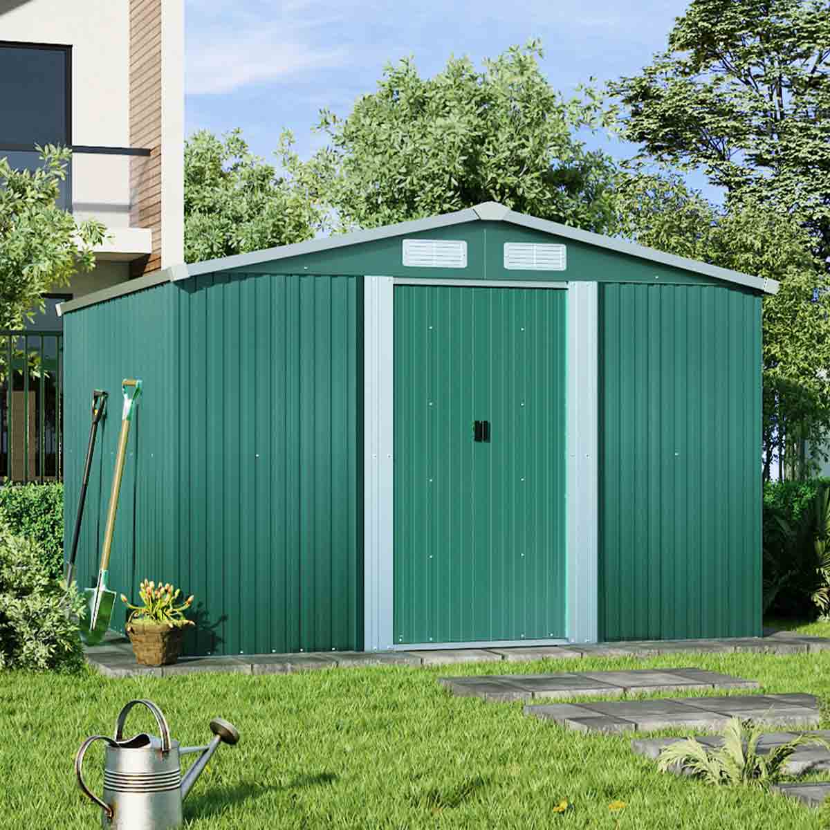 Garden Sanctuary 8x8ft Large Metal Garden Tool Storage Shed, Green - Image 3