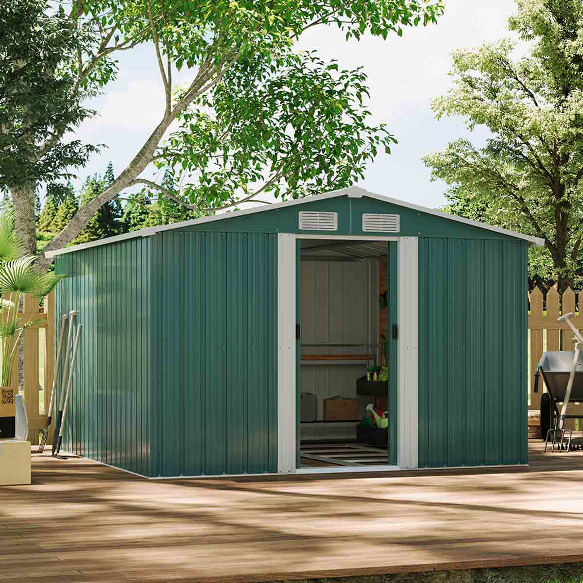 Garden Sanctuary 8x8ft Large Metal Garden Tool Storage Shed, Green - Image 6