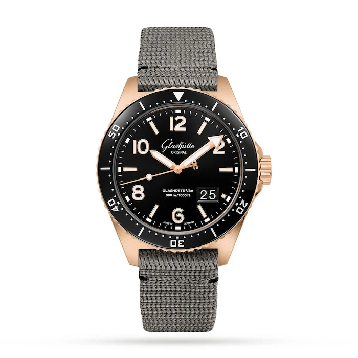Glashutte Original Automatic 37mm Men’s Watch with Black Material Dial, Gold Case, 300m Water Resistant / 1-36-13-03-90-34
