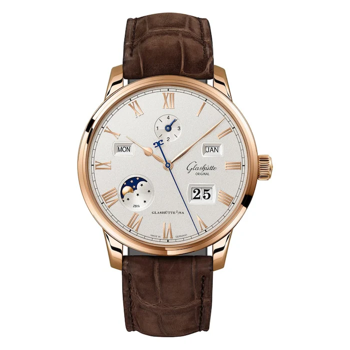 Glashutte Original Automatic 42mm Men’s Watch with Silver Material Dial, Gold Case, 50m Water Resistant / 1-36-12-02-05-62