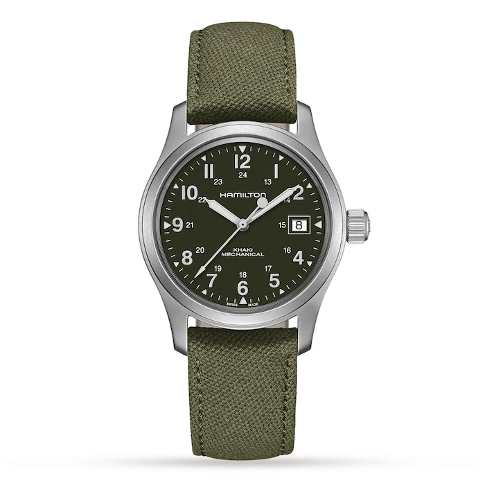 Hamilton Mechanical 38mm Men’s Watch with Khaki Material Dial, Stainless Steel Case, 50m Water Resistant / H69439363