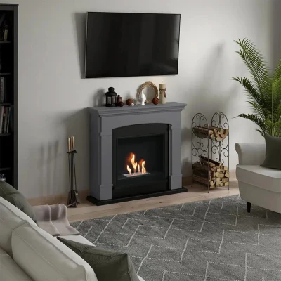 Helmi Bioethanol Fireplace - Grey Freestanding Bioethanol Fireplace, Ventless Ethanol Fireplace,