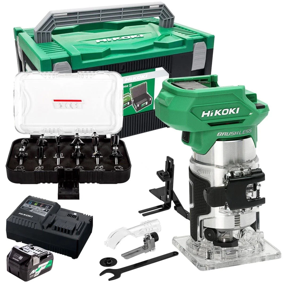 Hikoki M1808DAJ2Z 18V 1/4" Brushless Router Trimmer with 1 x 2.5Ah/5.0Ah Battery Charger & 12 Piece Cutter Set
