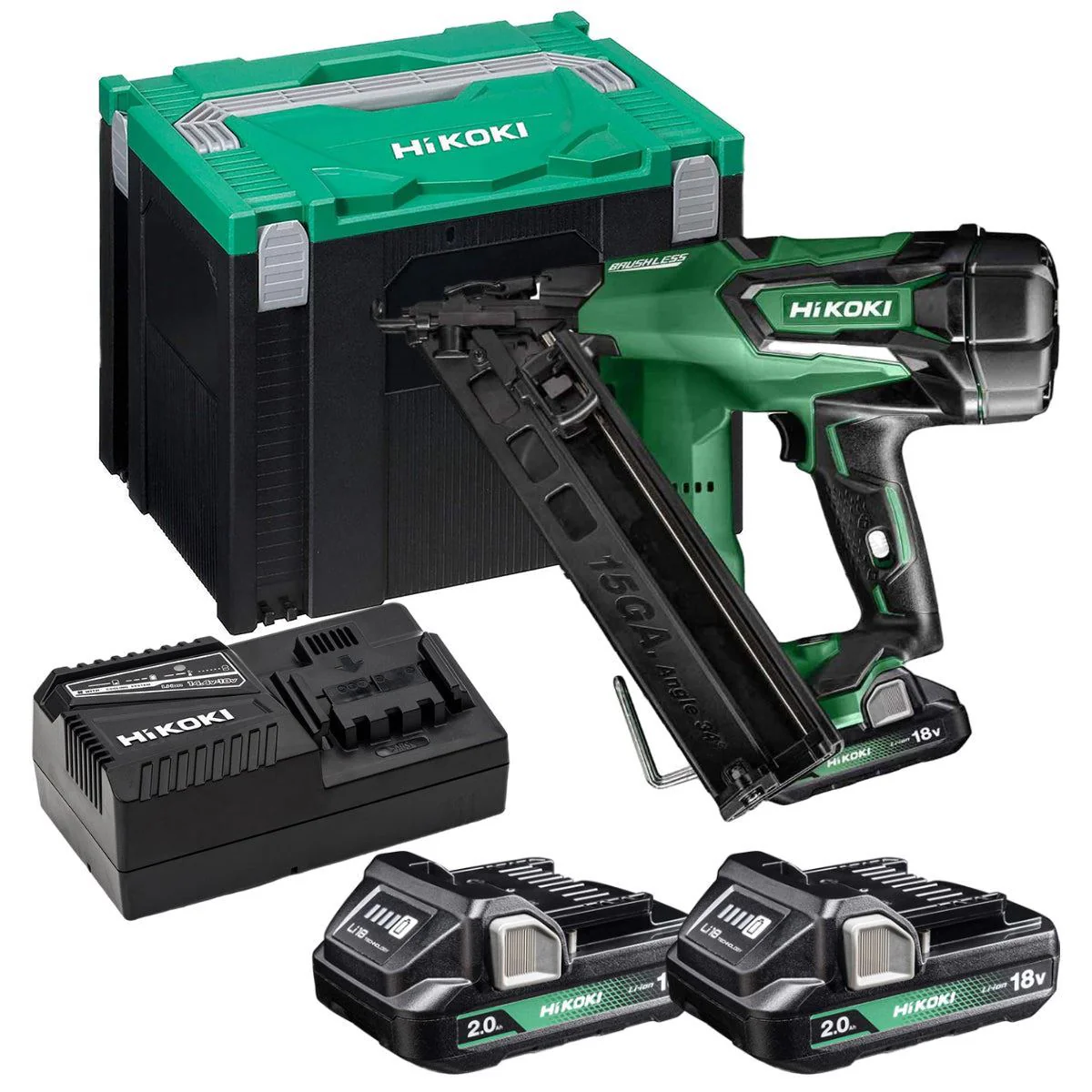 Hikoki NT1865DMAJYZ 18V Brushless 15G Angled Finish Nailer with 2 x 2.0Ah Batteries, Charger & Case