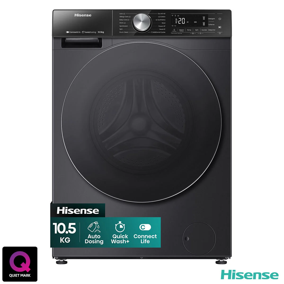 Hisense WF5S1045BB, 10.5kg 1400rpm Washing Machine, A Rated in Black