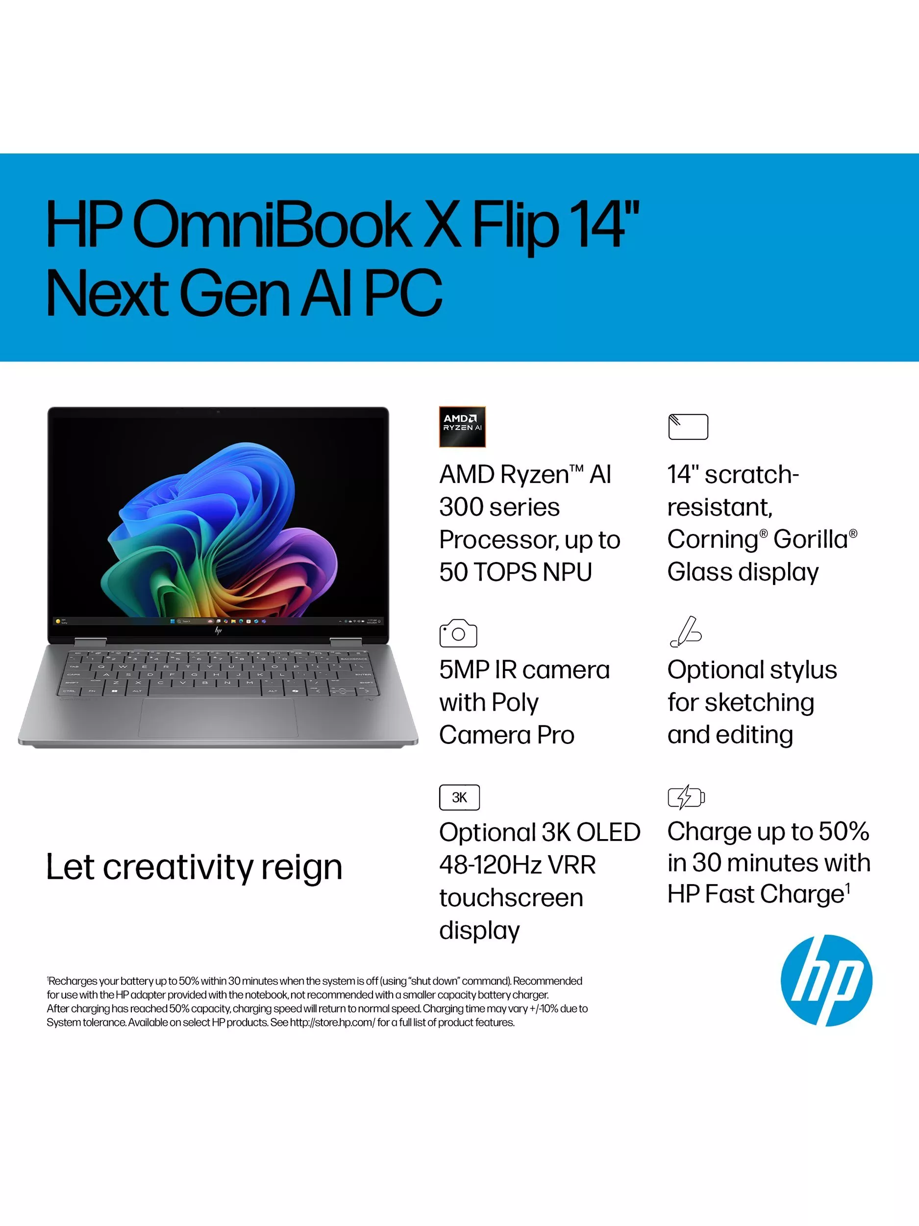 HP OmniBook X Flip 14 Convertible Laptop, AMD Ryzen AI 5 Processor, 16GB RAM, 512GB SSD, 14” 2K Touchscreen, Meteor Silver - Image 4