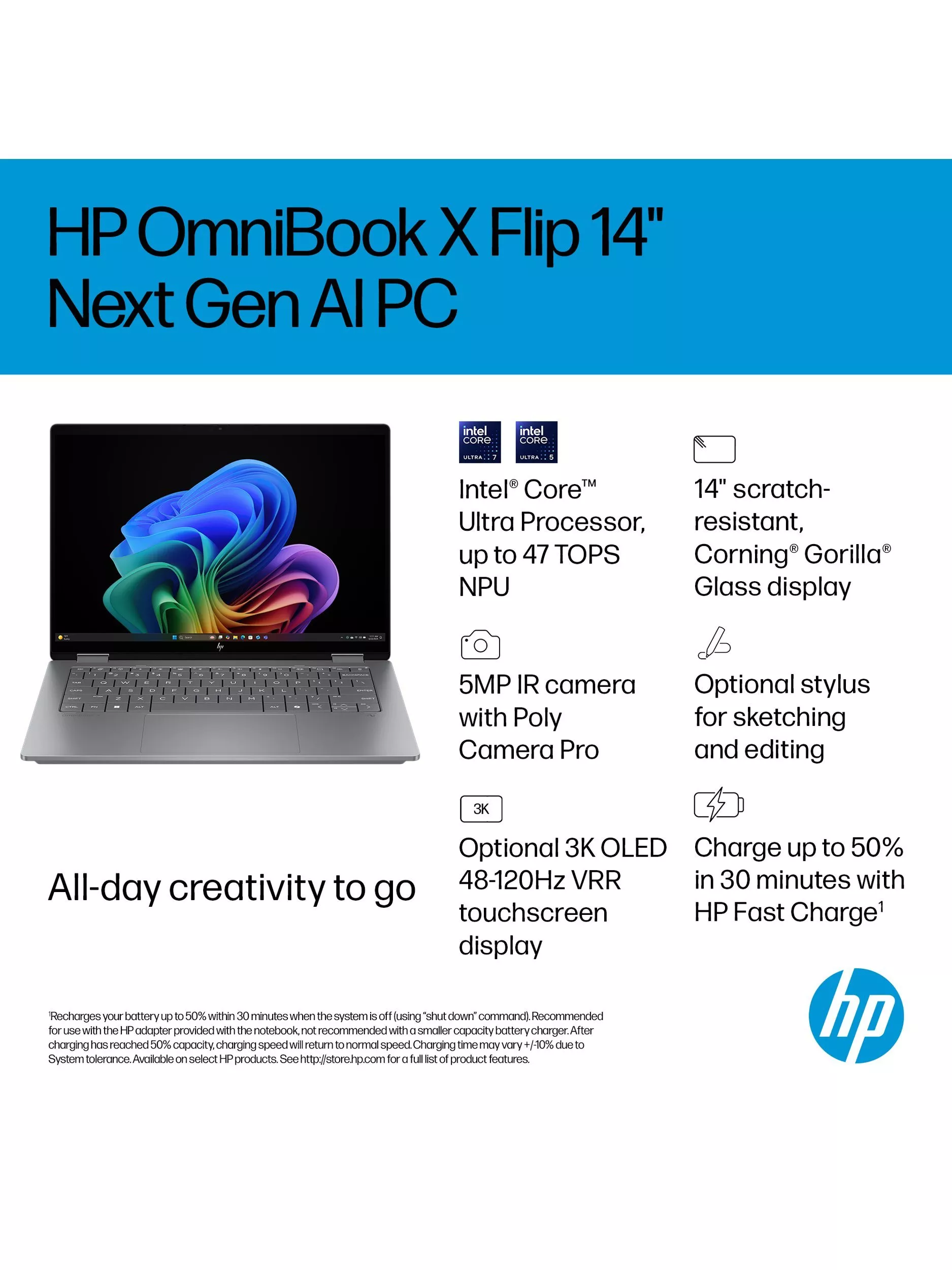 HP OmniBook X Flip 14 Convertible Laptop, Intel Core Ultra 5 Processor, 16GB RAM, 512GB SSD, 14” 3K Touchscreen, Meteor Silver - Image 4