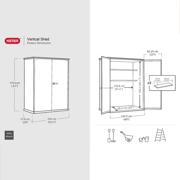Keter Storm Grey Signature Alto 4ft 6" x 2ft 4" (1.4 x 0.7m) 1,415 Litre Vertical Storage Shed with Shelves - Image 2