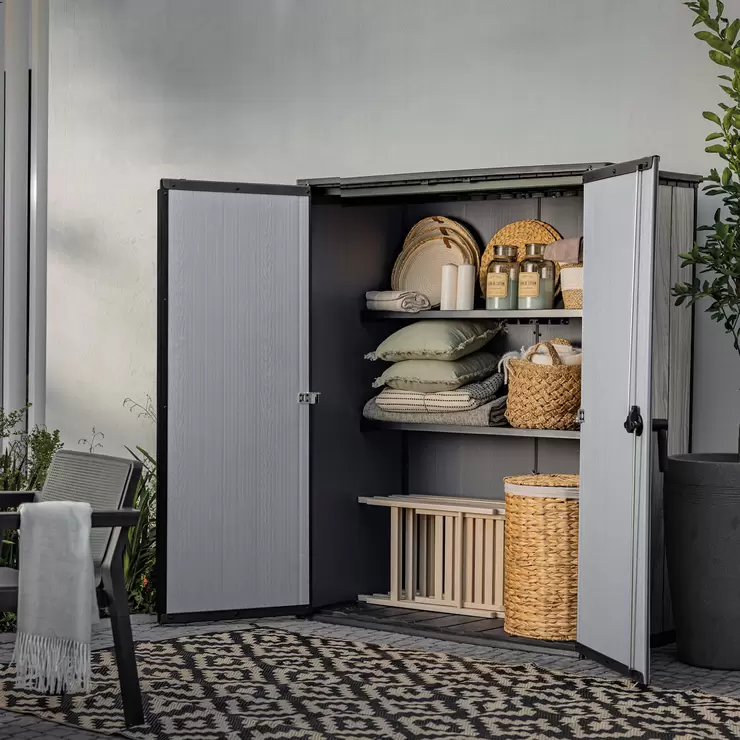 Keter Storm Grey Signature Alto 4ft 6" x 2ft 4" (1.4 x 0.7m) 1,415 Litre Vertical Storage Shed with Shelves - Image 4