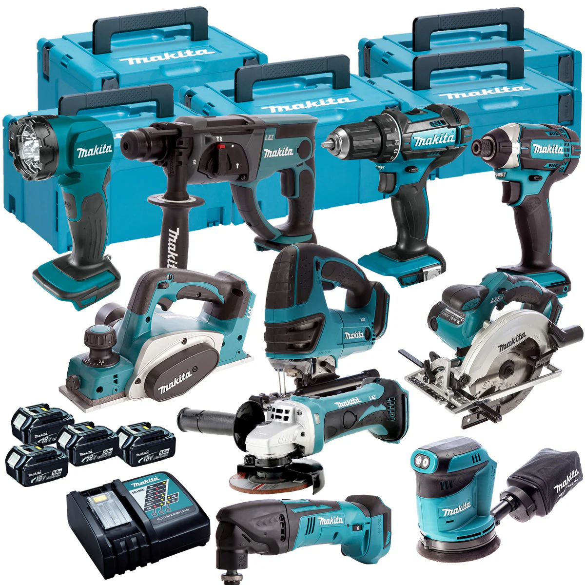 Makita 10 Piece Kit 18V Li-ion With 4 x 5.0Ah Batteries Charger T4TKIT-84