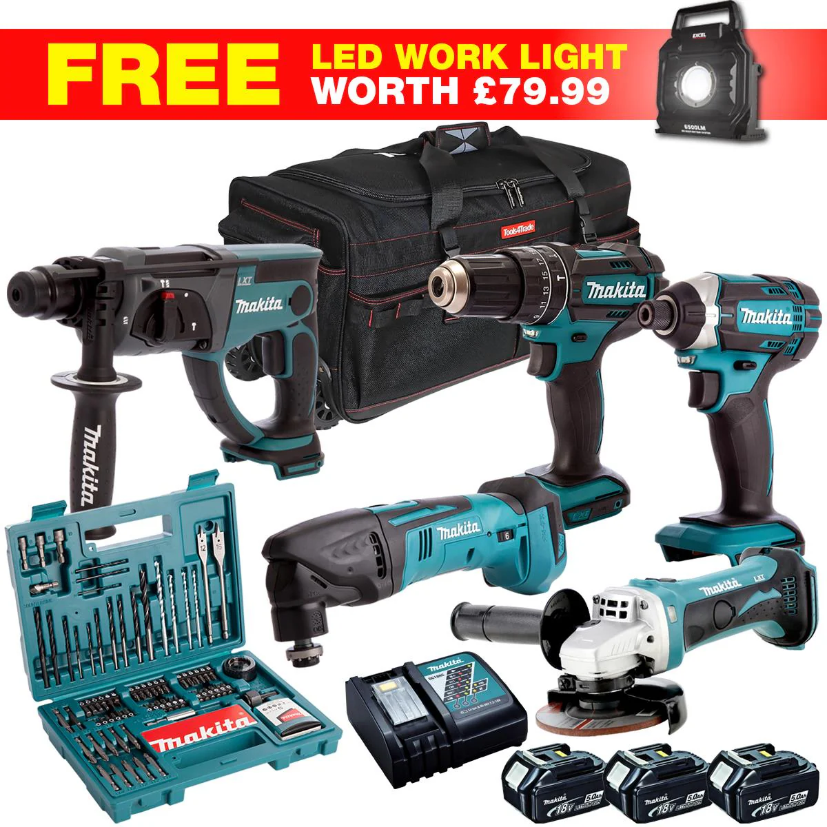 Makita 18V 6 Piece Combo Kit with 3 x 5.0Ah Batteries Charger & 100 Accessory Set T4TKIT-27805