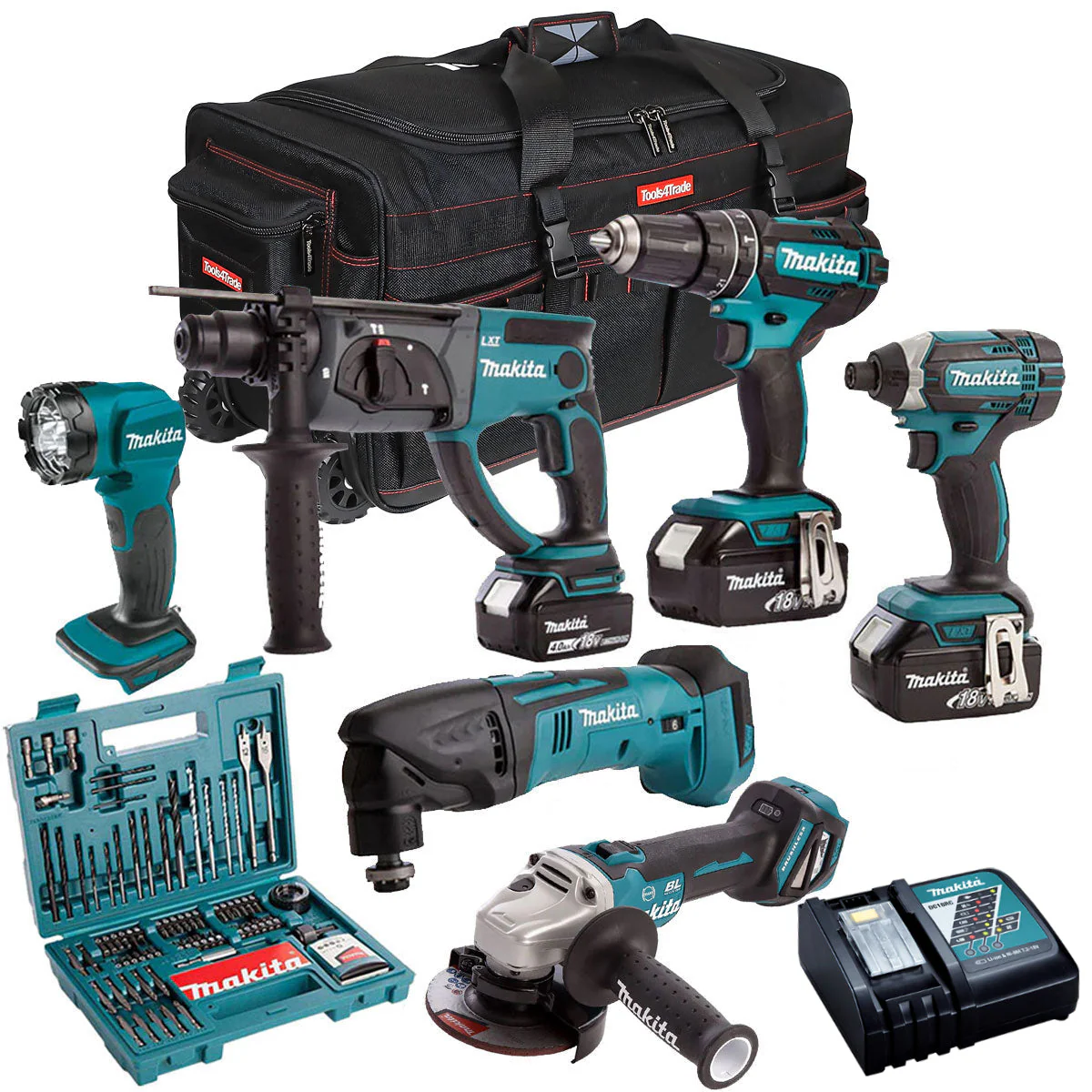 Makita 18V 6 Piece Cordless Kit with 3 x 5.0Ah Batteries & 100 Piece Bit Set T4TKIT-17