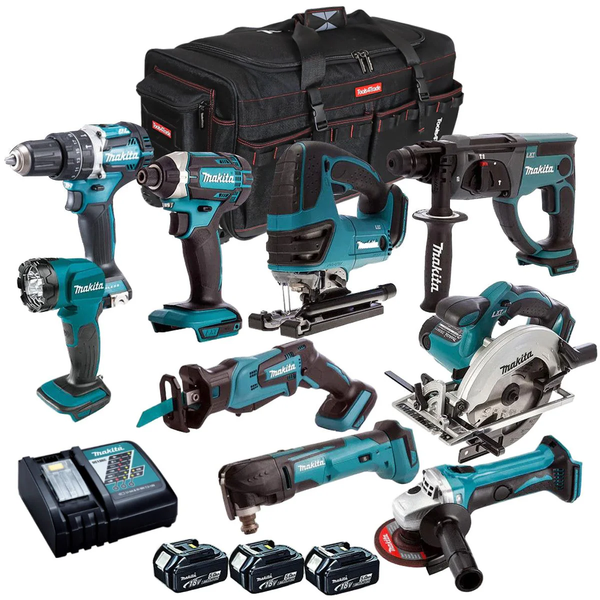 Makita 18V 9 Piece Power Tool Kit with 3 x 5.0Ah Batteries with Charger & Bag T4TKIT-12997