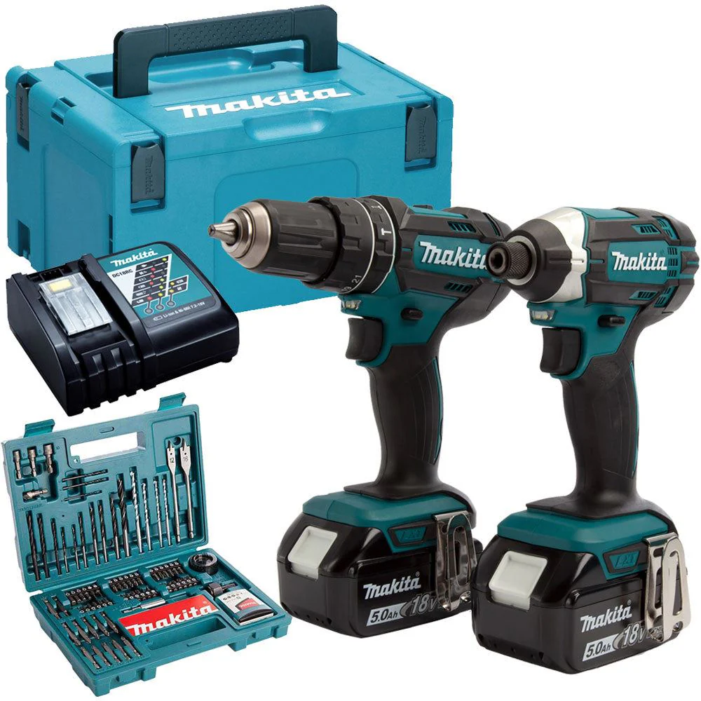 Makita DLX2131TJ 18V LXT Twin Kit 2 x 5.0Ah Batteries With 100 Piece Drill Set