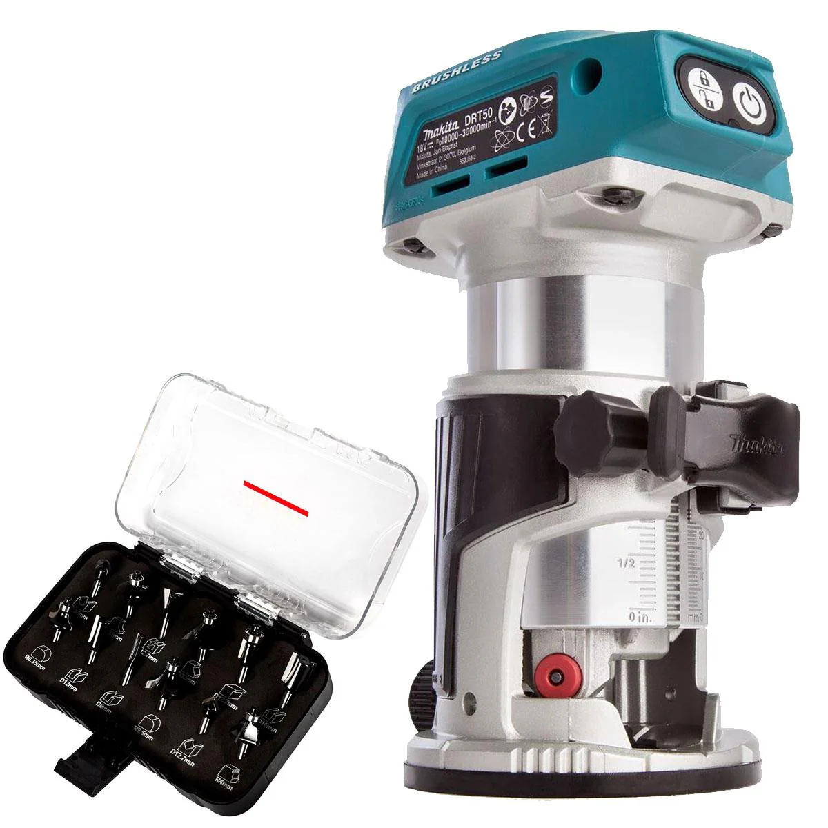 Makita DRT50Z 18V Li-ion Brushless Router Trimmer with 1/4" 12 Piece Cutter Set