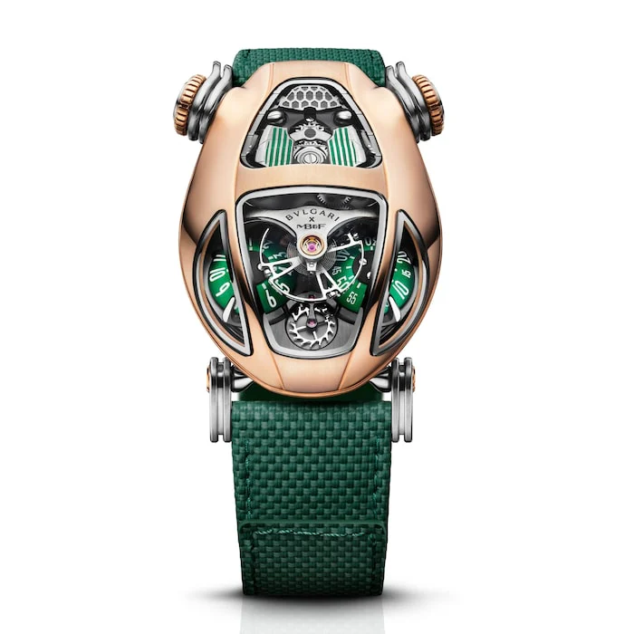 MB&F X BVLGARI Mechanical 14mm Men’s Watch with Green Material Dial, Gold Case, 30m Water Resistant / 101.RTL.G