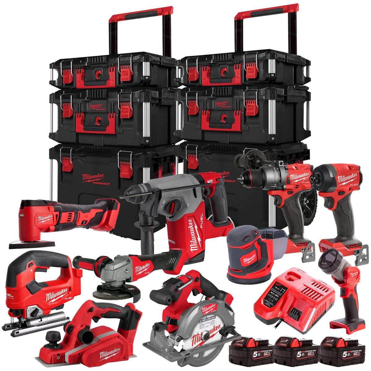 Milwaukee 18V 10 Piece Power Tool Kit With 3 x 5.0Ah Battery Charger & Trolley Toolbox