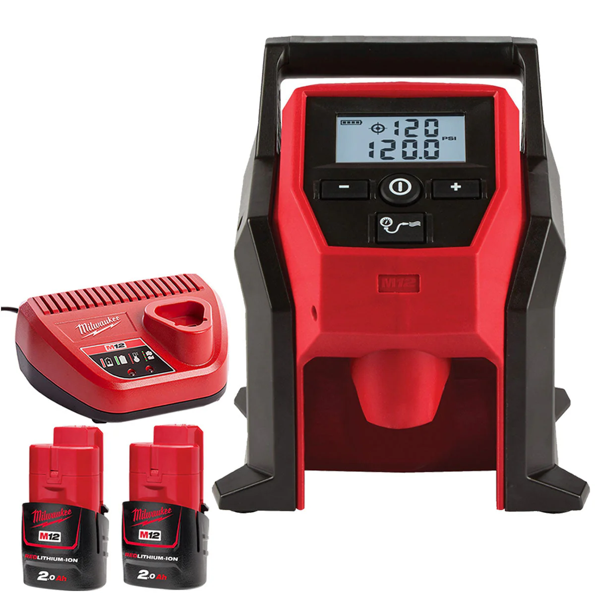 Milwaukee M12BI-0 M12 12V Sub Compact Inflator with 2 x 2.0Ah Batteries & Charger
