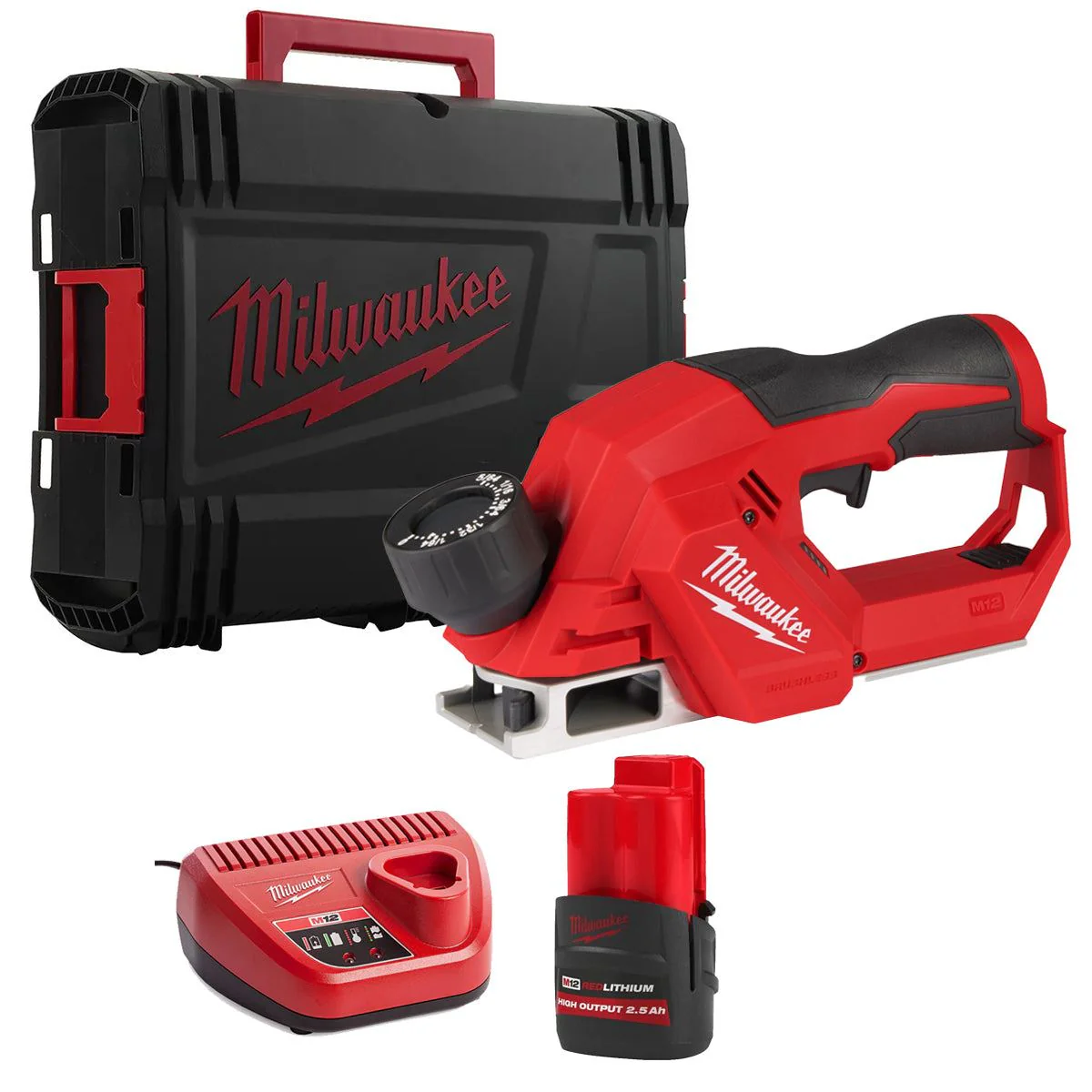 Milwaukee M12BLP-0X 12V Brushless 56mm Planer with 1 x 2.5Ah Battery Charger & Case