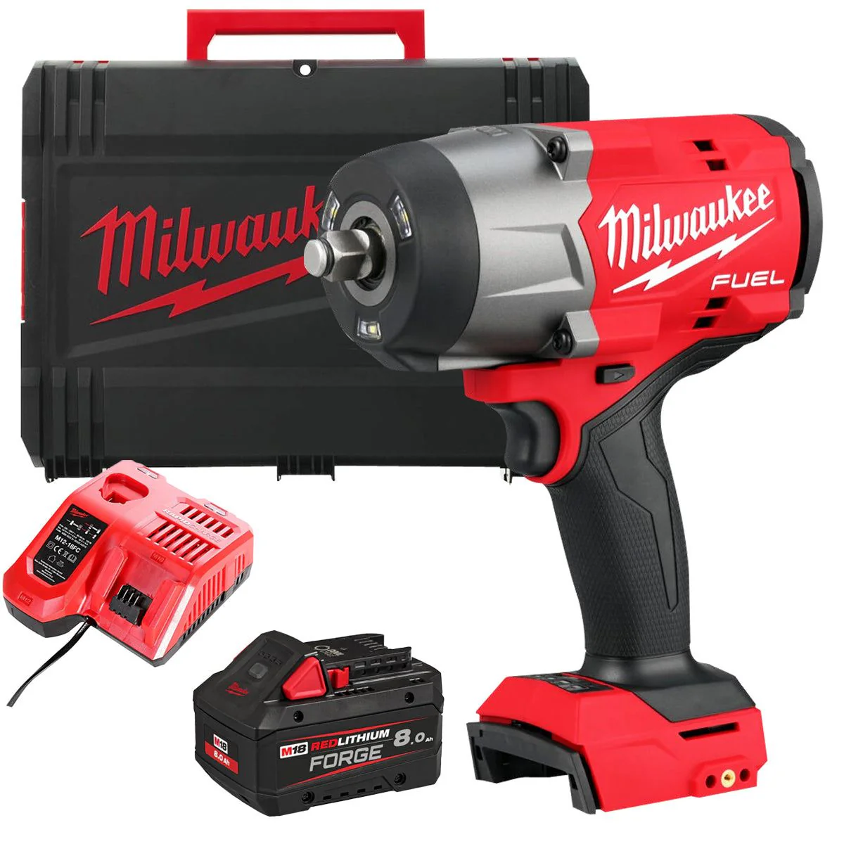 Milwaukee M18FHIW2F12-0X 18V FUEL Brushless 1/2" Impact Wrench with 1 x 8.0Ah Battery Charger & Case