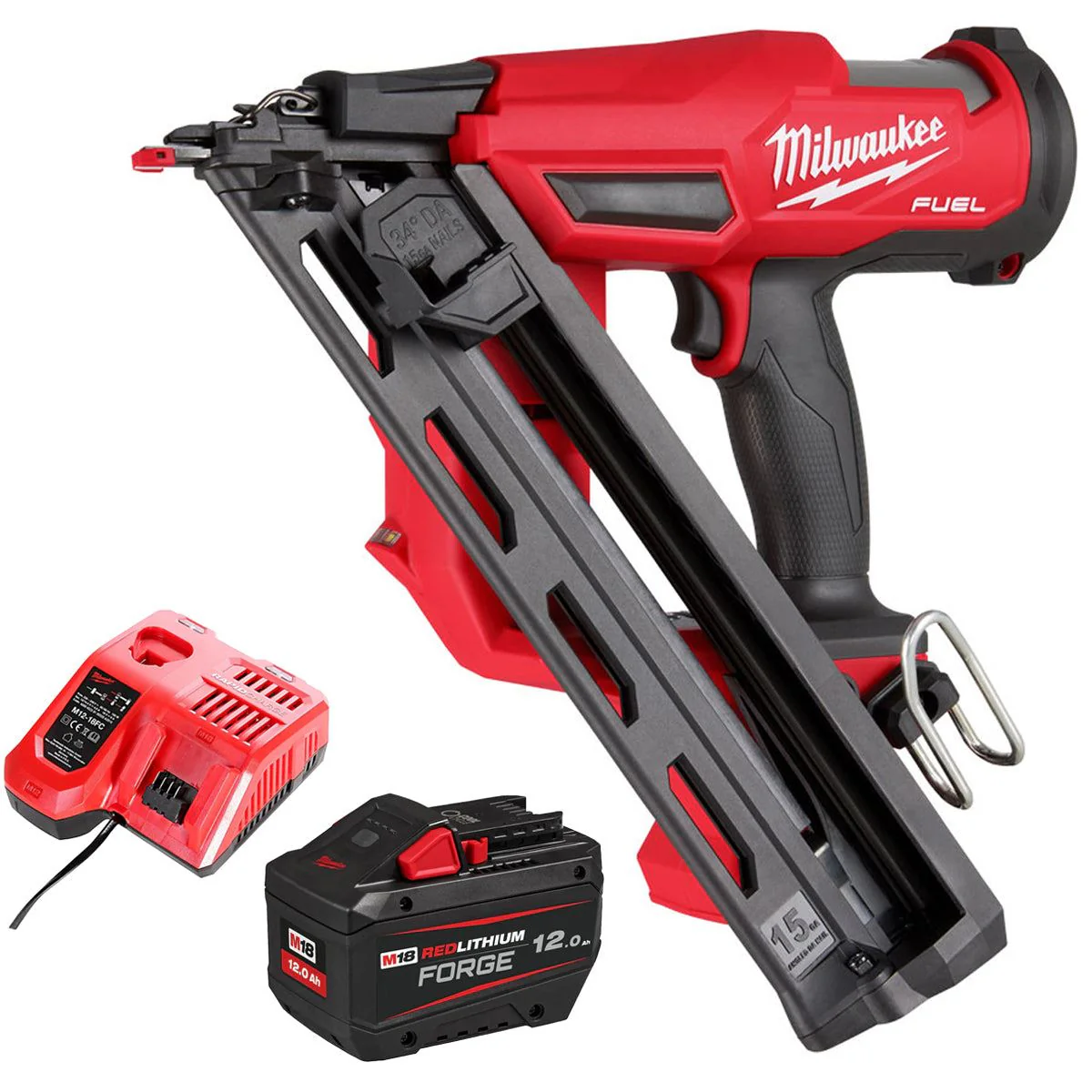 Milwaukee M18FN15GA-0 18V Brushless Angled Finish Nailer with 1 x 12.0Ah Battery & Charger