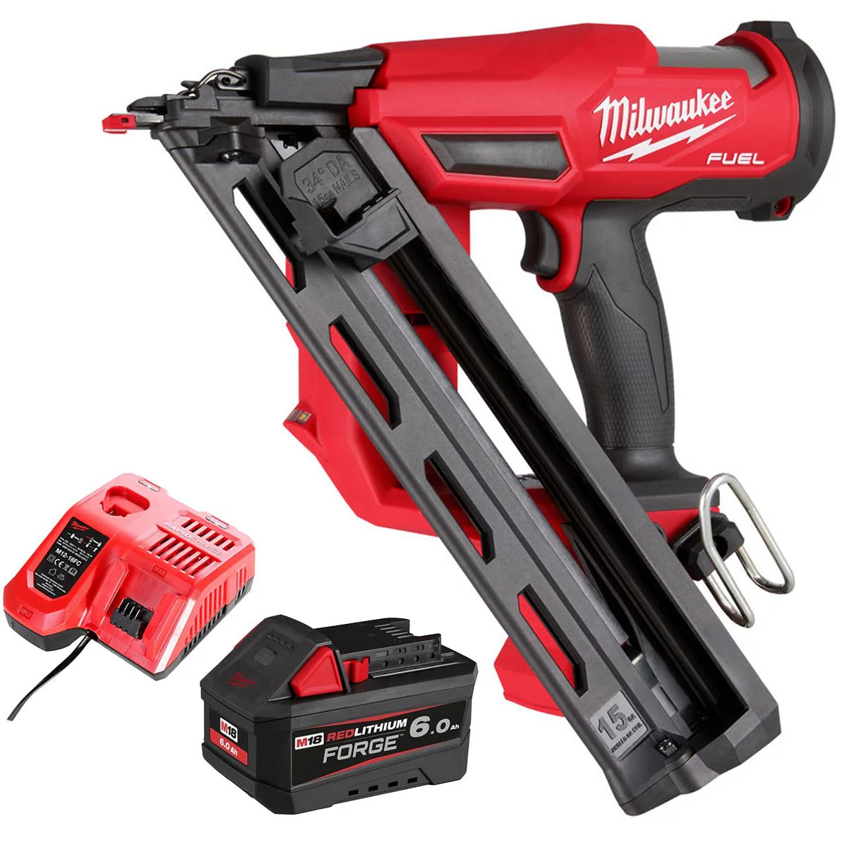 Milwaukee M18FN15GA-0 18V Brushless Angled Finish Nailer with 1 x 6.0Ah Battery & Charger