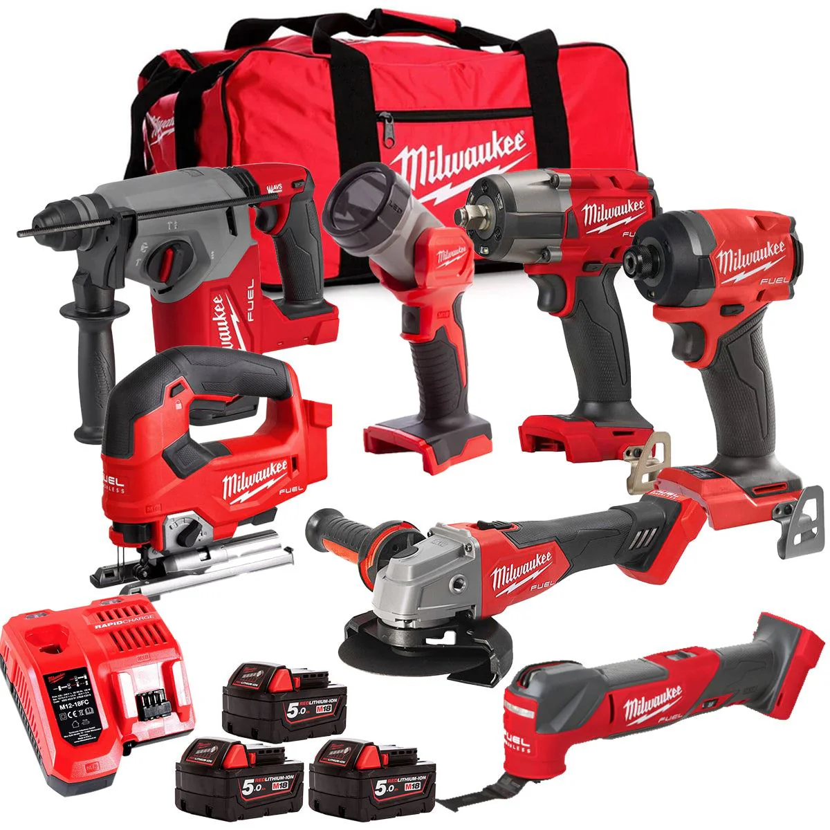Milwaukee M18FPP6L3-503BK23 18V Brushless 7 Piece Tool Kit with 3 x 5.0Ah Batteries Charger & Wheeled Bag