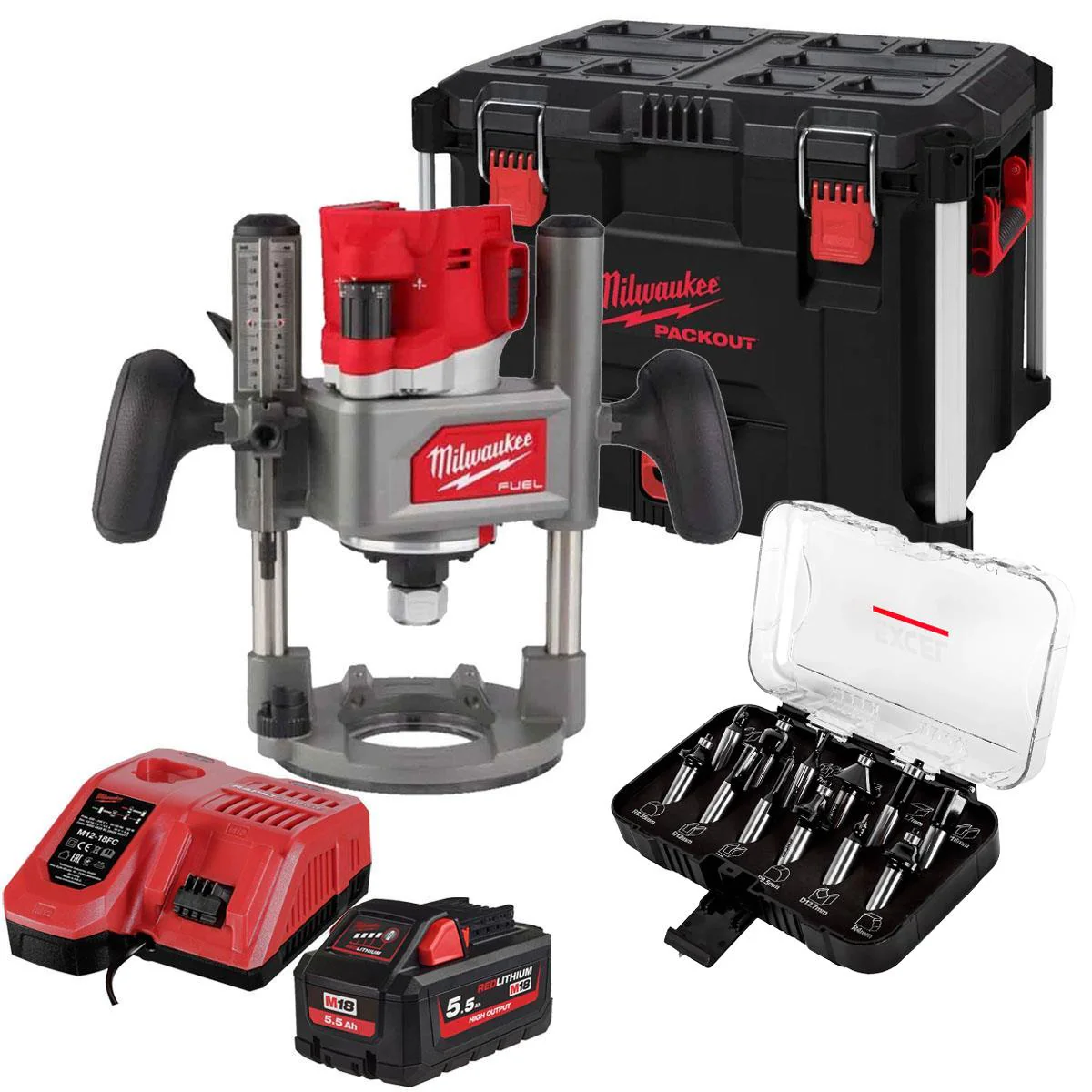 Milwaukee M18FR12KIT 18V Fuel Brushless 1/2" Router Cutter with 1 x 5.5Ah Battery Charger Case & 12 Piece Cutter Set
