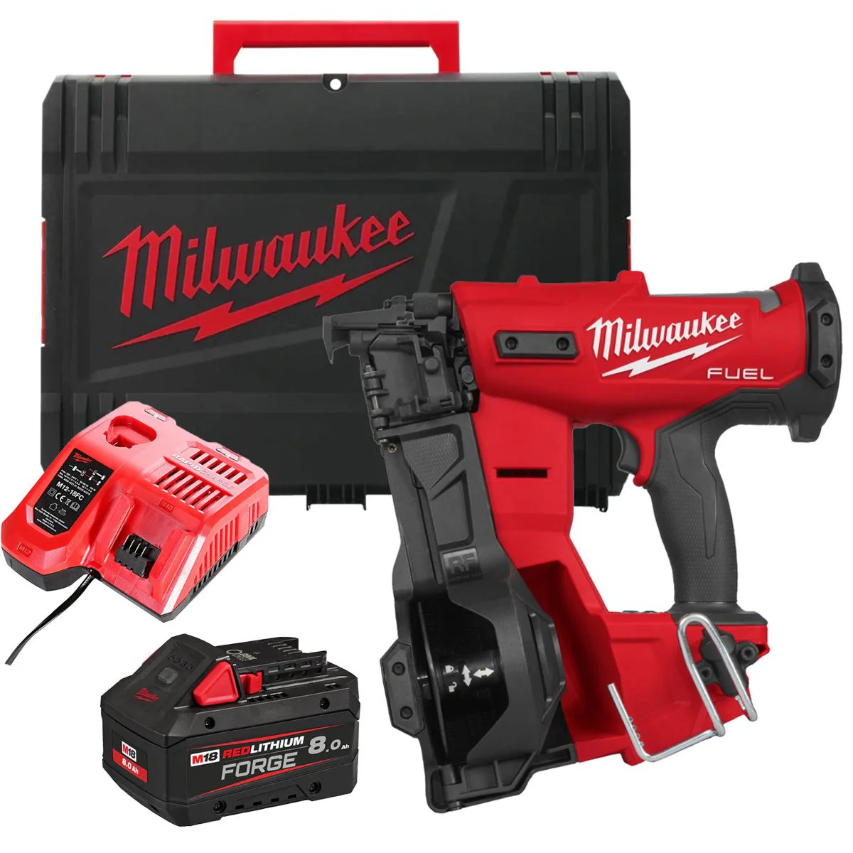 Milwaukee M18FRCN45-0X 18V FUEL Brushless Roofing Coil Nailer with 1 x 8.0Ah Battery Charger & Case