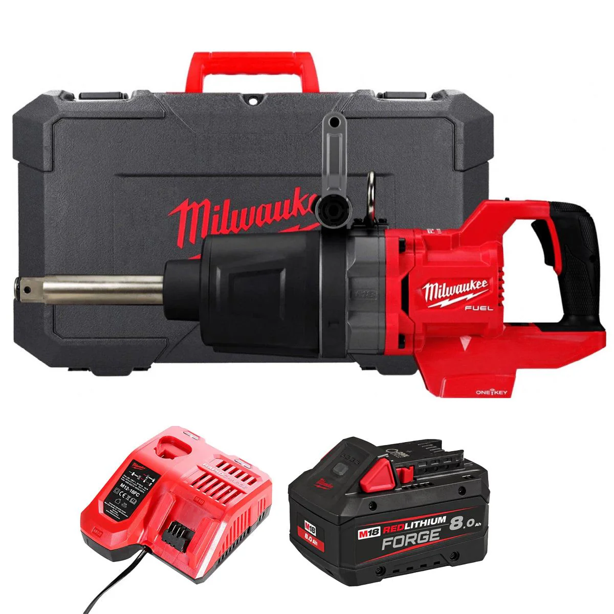 Milwaukee M18ONEFHIWF1D-0C 18V FUEL Brushless D-Handle 1" Impact Wrench with 1 x 8.0Ah Battery Charger & Case