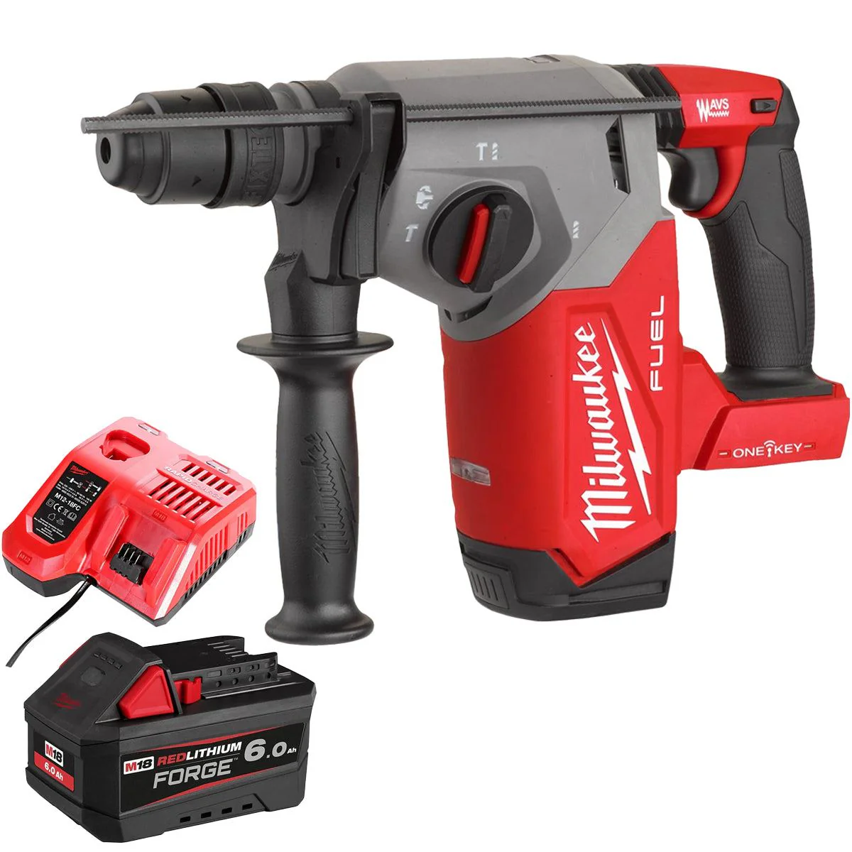 Milwaukee M18ONEFHX-0 18V Brushless 4-Mode 26mm SDS-Plus Hammer Drill with 1 x 6.0Ah Battery & Charger