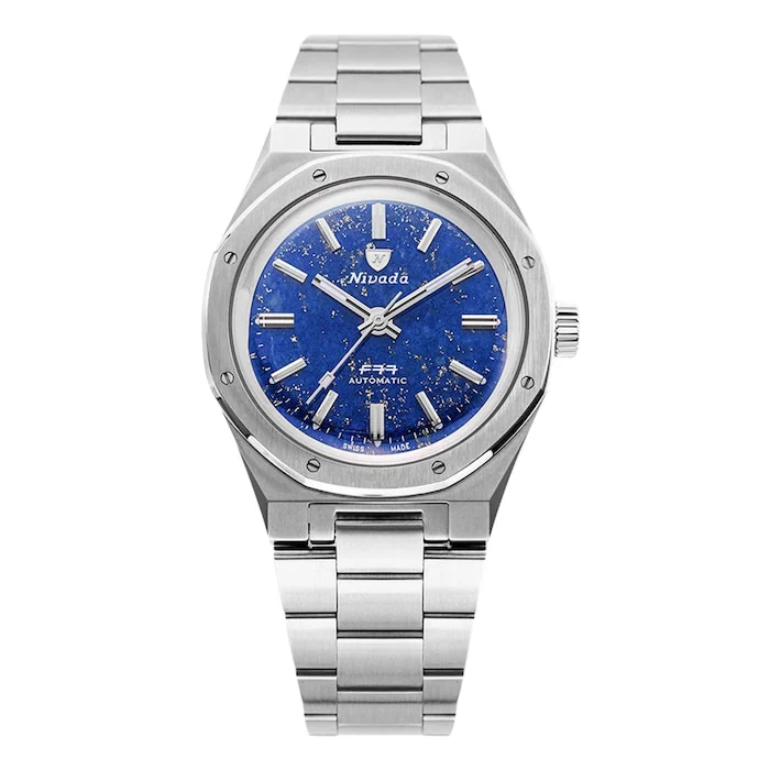 Nivada Grenchen Automatic 37mm Men’s Watch with Blue Material Dial, Stainless Steel Case & Bracelet, 100m Water Resistant / 68009A77