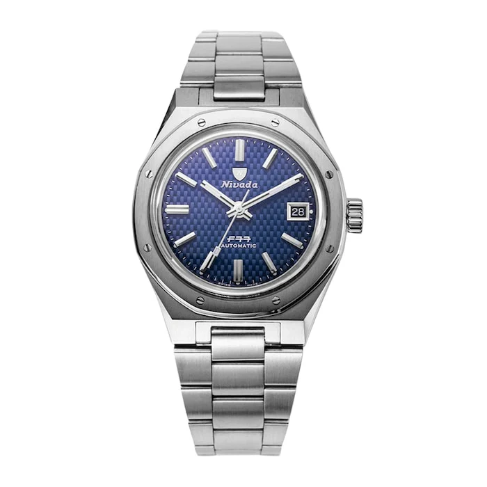 Nivada Grenchen Sport Automatic 37mm Men’s Watch with Blue Material Dial, Stainless Steel Case & Bracelet, 100m Water Resistant / 69001A77