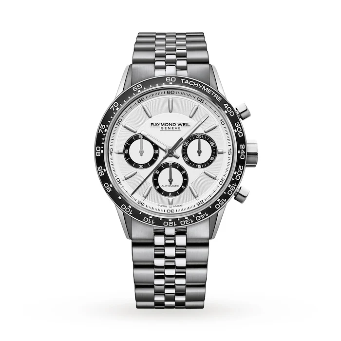 Raymond Weil Automatic Men’s Watch with White Material Dial, Stainless Steel Case & Bracelet, 100m Water Resistant / 7741-ST1-30021