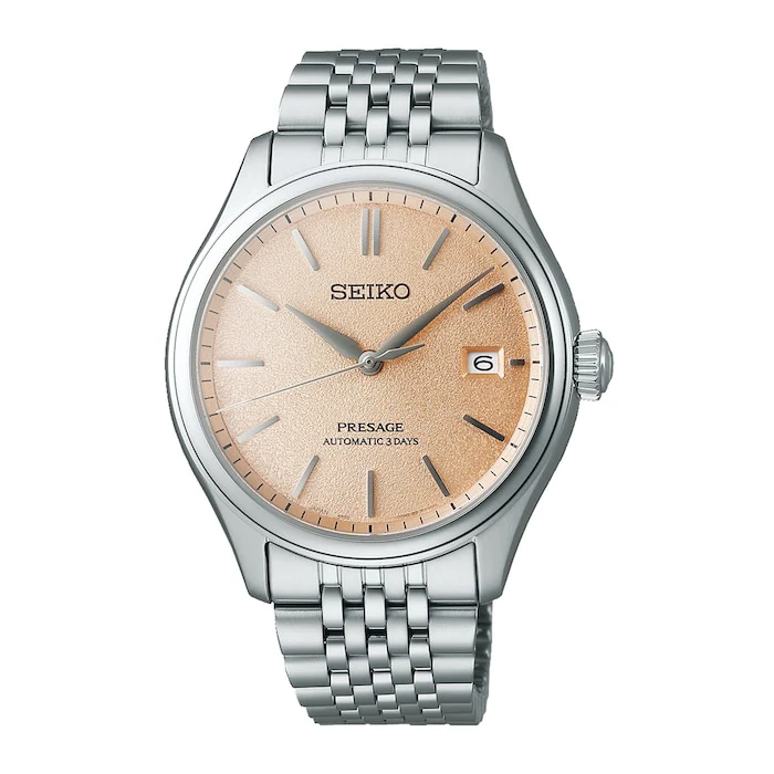 Seiko Presage Elegance Automatic 40mm Men’s Watch with Pink Material Dial, Stainless Steel Case & Bracelet, 100m Water Resistant / SPB467J1