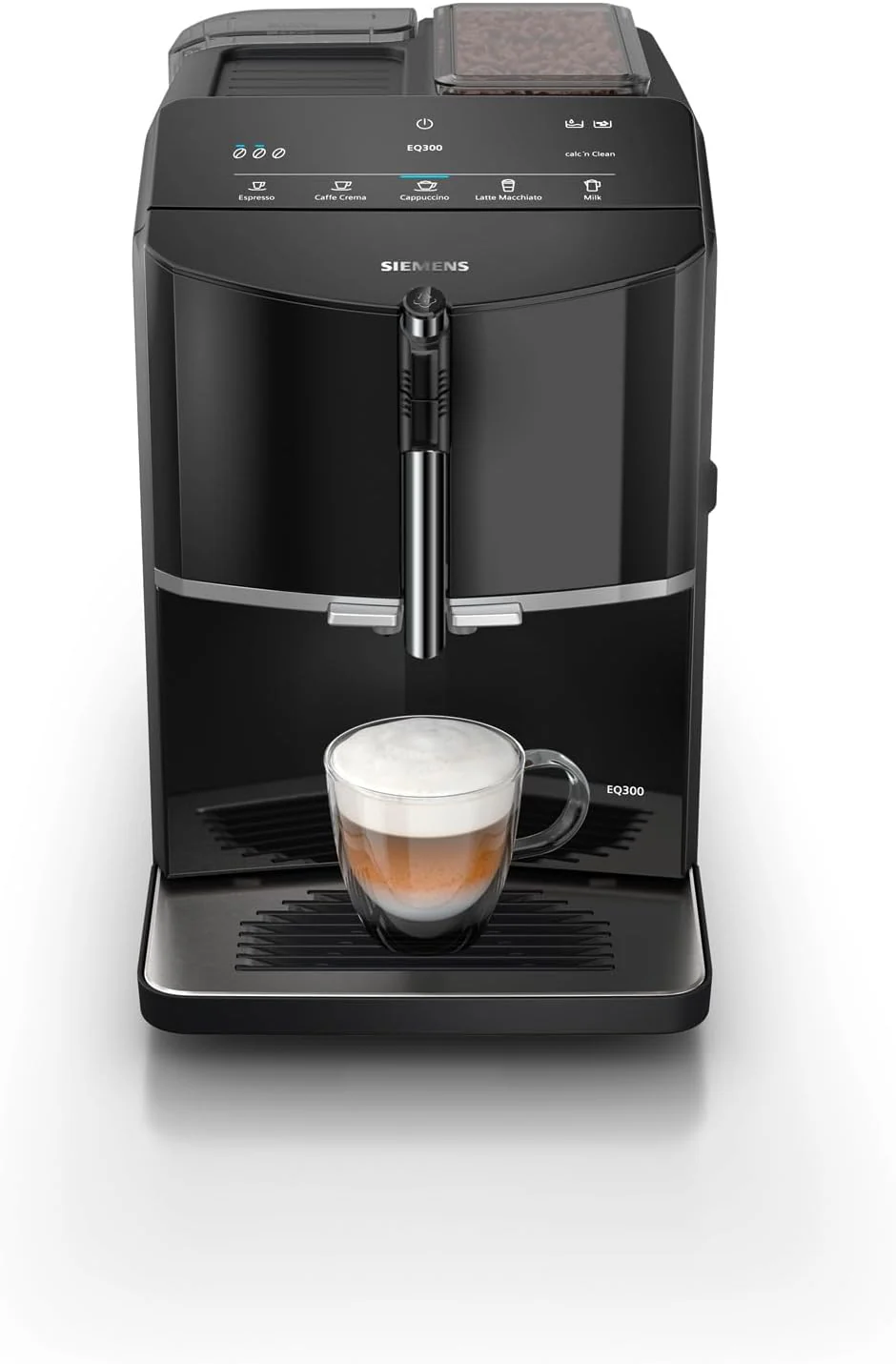 SIEMENS EQ300 Fully Automatic Bean to Cup Espresso Coffee Machine with milk frother arm, oneTouch Function, 4 coffee beverages, 3 coffee strengths, TF301G19, Piano Black