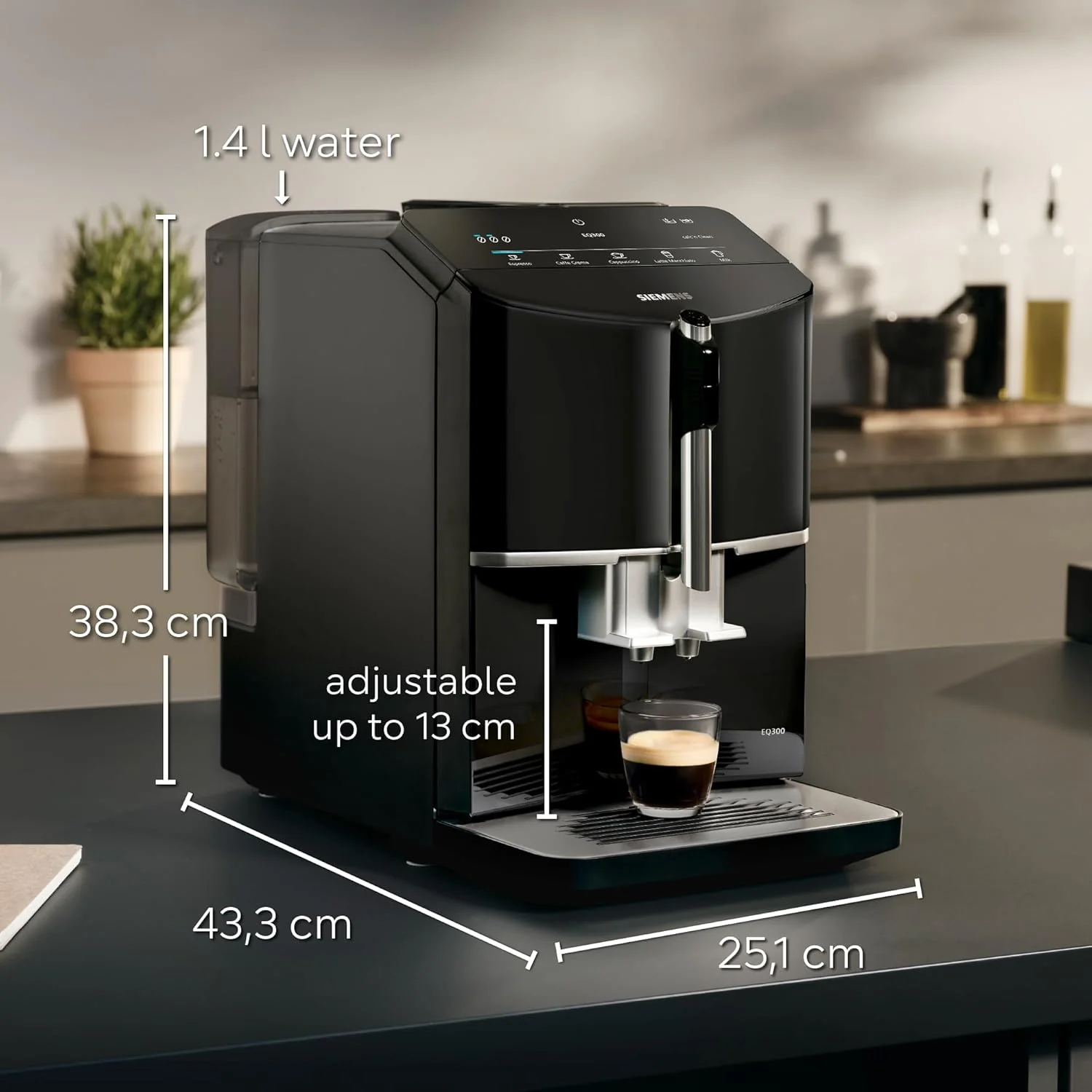 SIEMENS EQ300 Fully Automatic Bean to Cup Espresso Coffee Machine with milk frother arm, oneTouch Function, 4 coffee beverages, 3 coffee strengths, TF301G19, Piano Black - Image 3