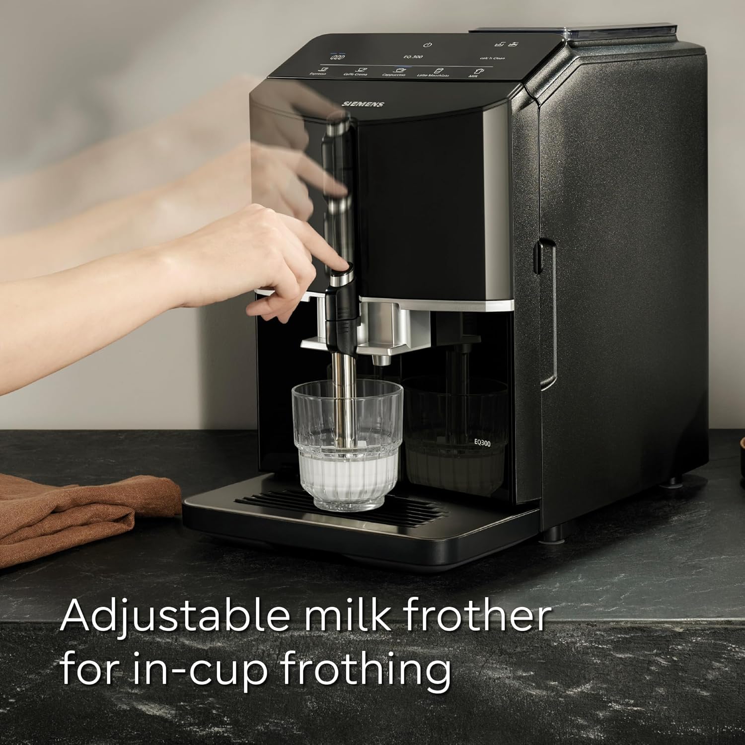 SIEMENS EQ300 Fully Automatic Bean to Cup Espresso Coffee Machine with milk frother arm, oneTouch Function, 4 coffee beverages, 3 coffee strengths, TF301G19, Piano Black - Image 4